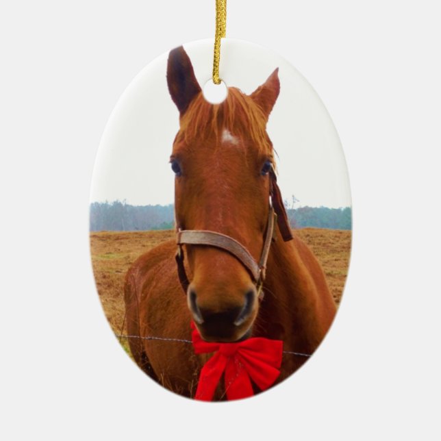 Brown Christmas Horse and Red Bow Ceramic Tree Decoration (Front)