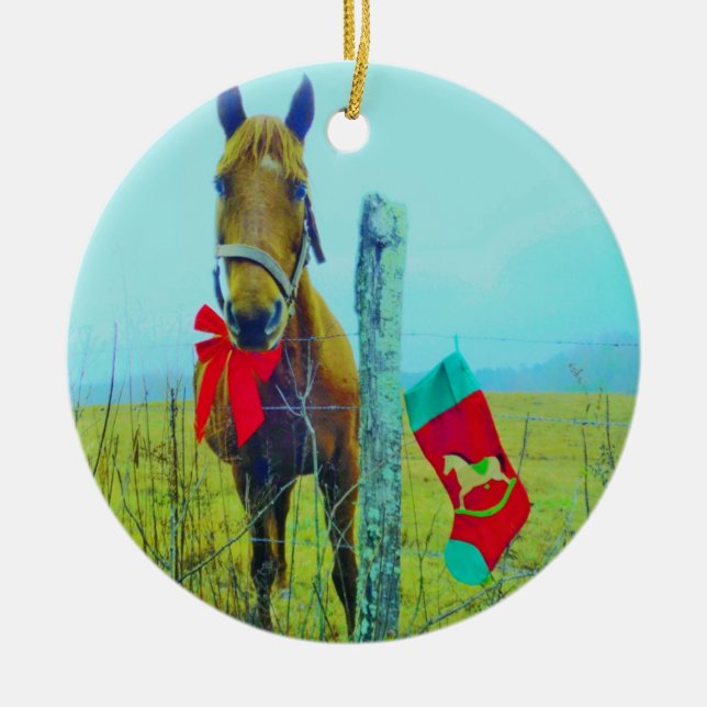 Brown Christmas Horse Ceramic Tree Decoration (Front)
