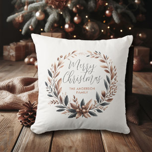 Brown Christmas Merry Copper Caramel Teal Wreath Cushion