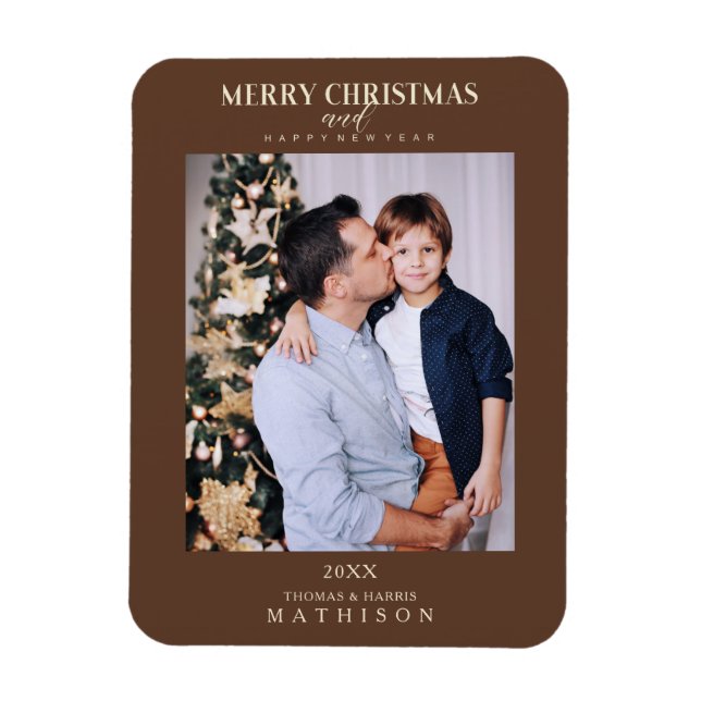 Brown Christmas Modern Sophisticated Photo Family Magnet (Vertical)
