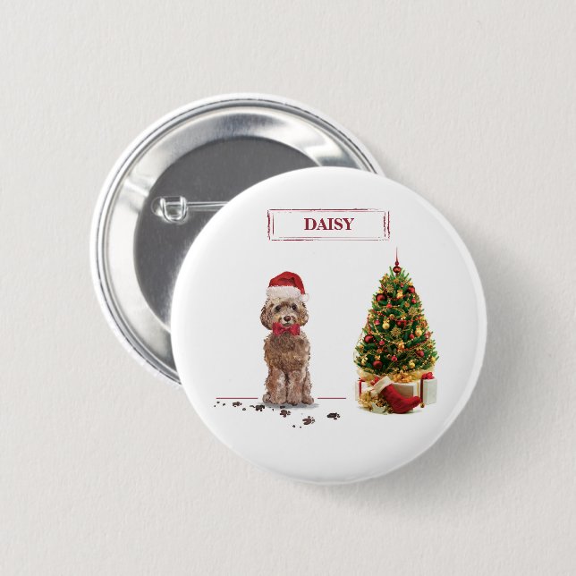Brown Cockapoo Funny Christmas Dog and Tree 6 Cm Round Badge (Front & Back)