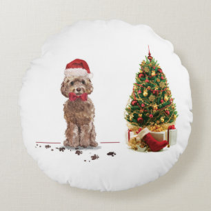 Brown Cockapoo Funny Christmas Dog and Tree Round Cushion