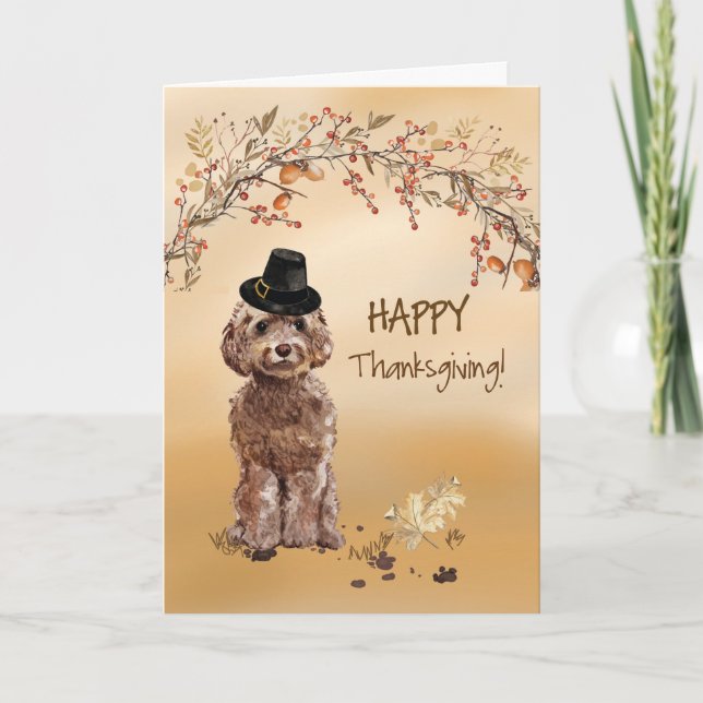 Brown Cockapoo Funny Pilgrim Hat Thanksgiving Card (Front)