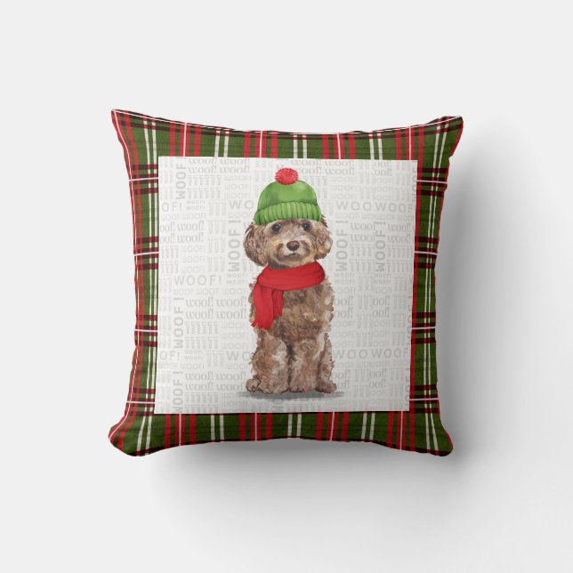 Brown Cockapoo Plaid Christmas Dog Throw Pillow (Front)