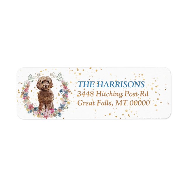 Brown Cockapoo Spring Flowers Wreath Return Address Label (Front)