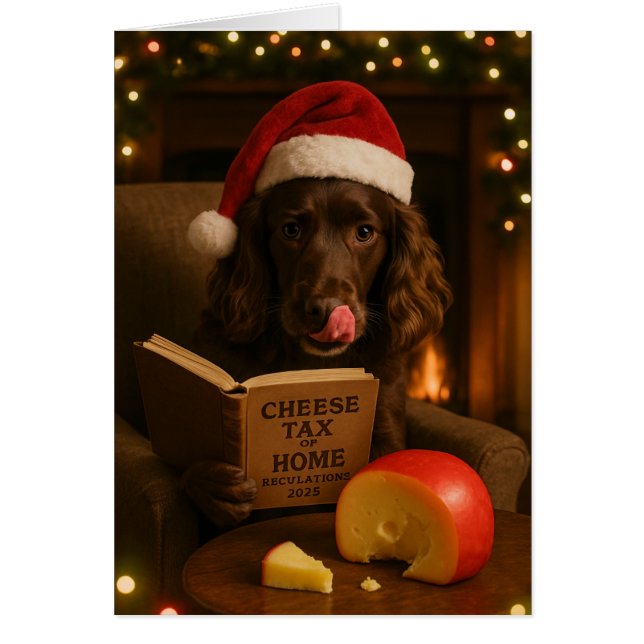 Brown cocker spaniel  'Cheese Tax' Christmas card (Front)