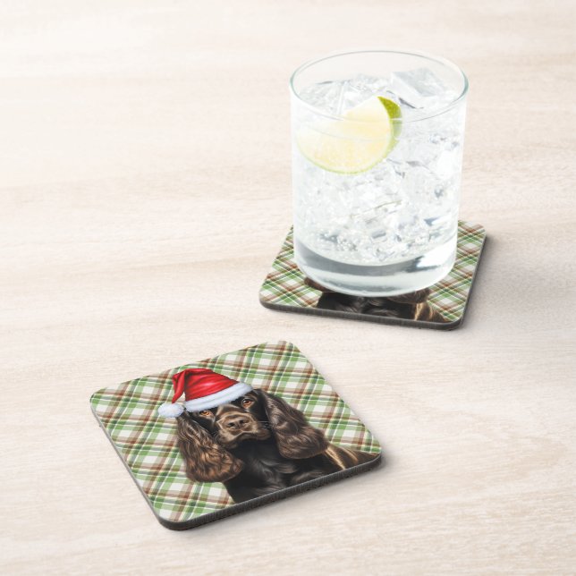 Brown Cocker Spaniel Dog Holiday Plaid Christmas Coaster (Right Side)