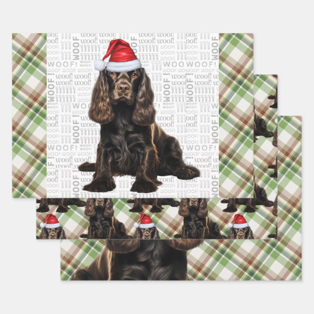 Brown Cocker Spaniel Dog Holiday Plaid Christmas Wrapping Paper Sheet (Set)
