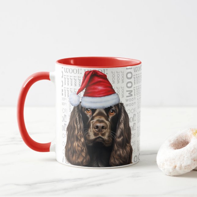 Brown Cocker Spaniel Dog Santa Woof Christmas Mug (With Donut)