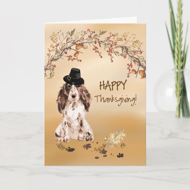 Brown Cocker Spaniel Funny Hat Thanksgiving Card (Front)