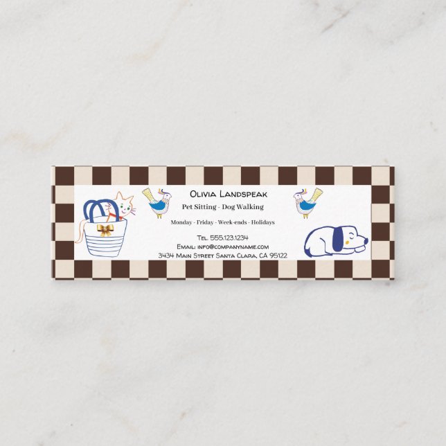 Brown Coffee Colours Beige Checks Pattern & Pet ca Mini Business Card (Front)
