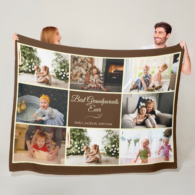 Brown Collage Grandparent Anniversary Photo Gift Fleece Blanket (In Situ)