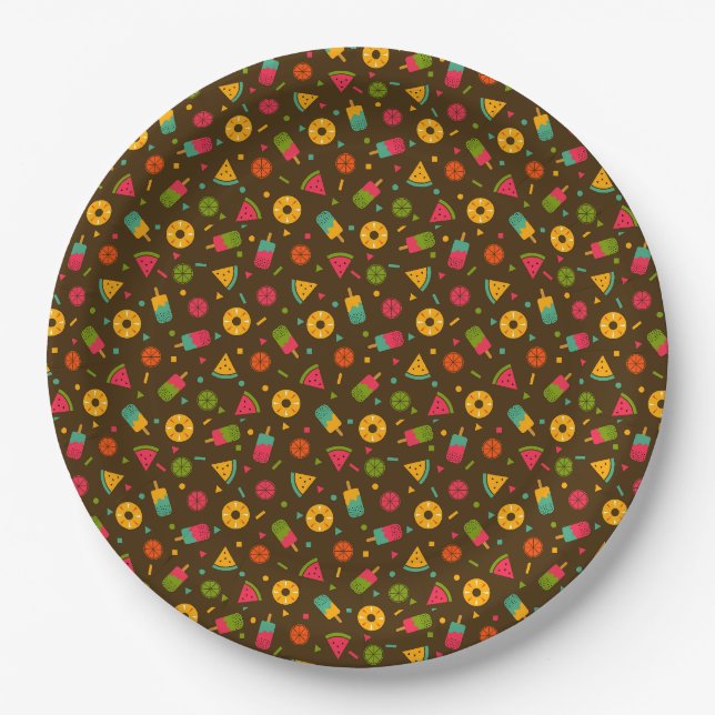 Brown colourful summer ice-cream pattern paper plate (Front)