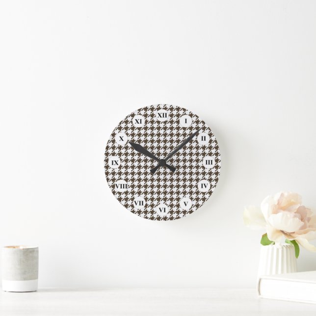 Brown Combination Houndstooth by Shirley Taylor Round Clock (Home)