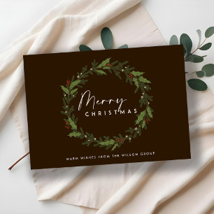 BROWN CORPORATE CHIC HOLLY BERRY WREATH CHRISTMAS HOLIDAY CARD