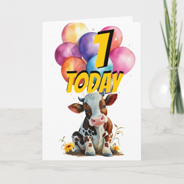 Brown Cow 1st Birthday Balloons Card (Front)