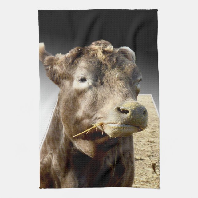 Brown Cow Munching Hay Face, Tea Towel (Vertical)