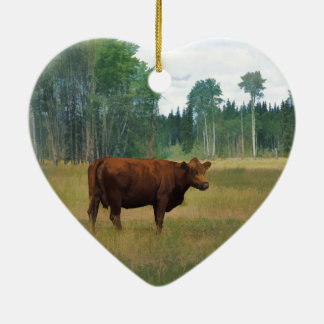 Brown Cow on a Horse and Cattle Ranch Ceramic Ornament