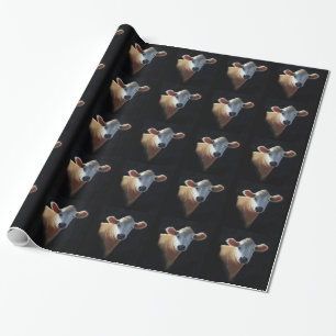 Brown Cow on Black: Oil Pastel Portrait Wrapping Paper