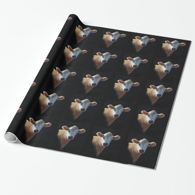Brown Cow on Black: Oil Pastel Portrait Wrapping Paper (Unrolled)