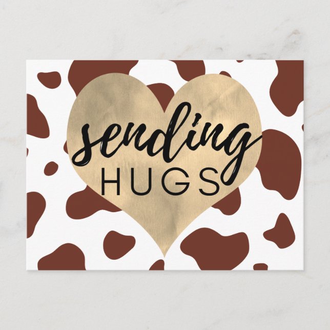 Brown Cow Pattern Gold Heart Sending Hugs Postcard (Front)