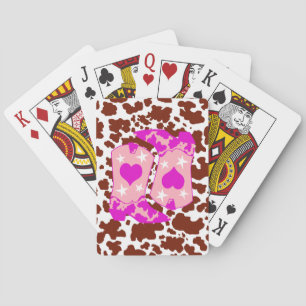 Brown Cow Print Pink Cowboy Boots Farmer Playing Cards