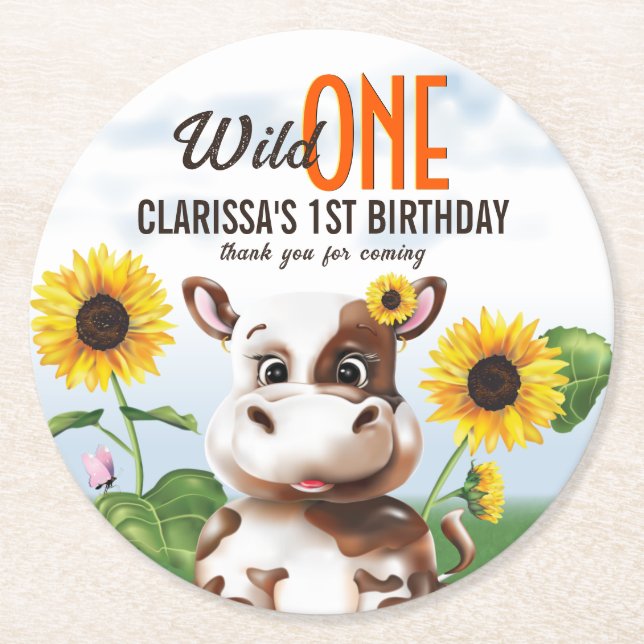 Brown Cow Sunflower Girl First Birthday Round Paper Coaster (Front)