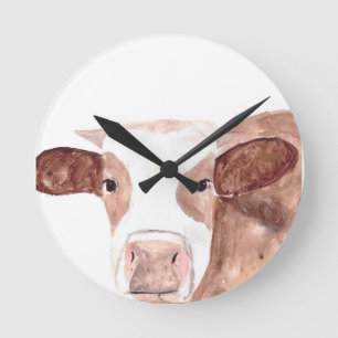 Brown cow watercolour painting round clock