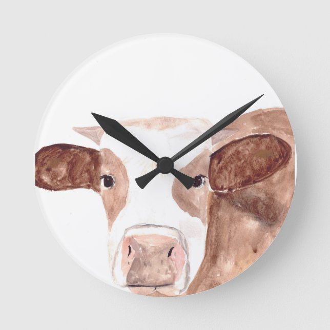 Brown cow watercolour painting round clock (Front)