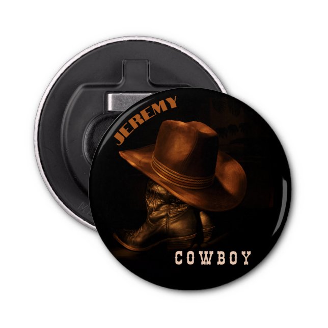 brown cowboy boot hat personalised bottle opener (Front)