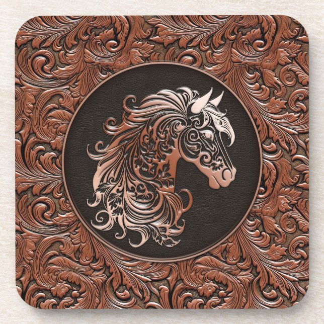 Brown cowgirl floral tooled leather horse head coaster (Front)