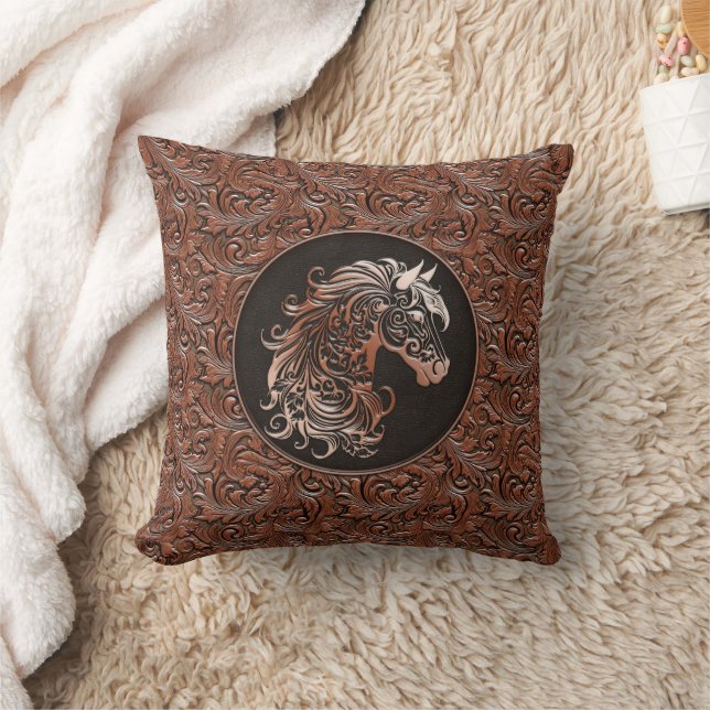 Brown cowgirl floral tooled leather horse head cushion (Blanket)