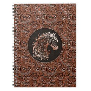 Brown cowgirl floral tooled leather horse head notebook