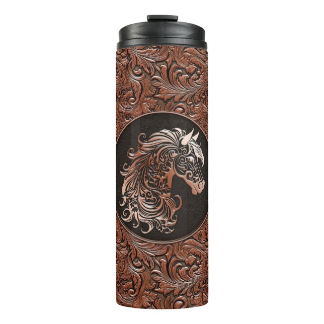 Brown cowgirl floral tooled leather horse head thermal tumbler (Front)