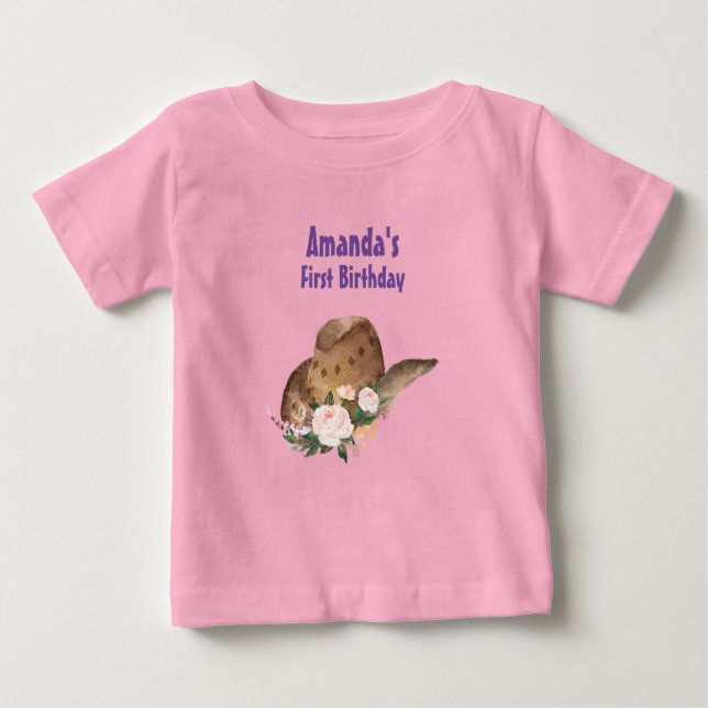 Brown Cowgirl Hat with Pink Flowers Birthday Baby T-Shirt (Front)