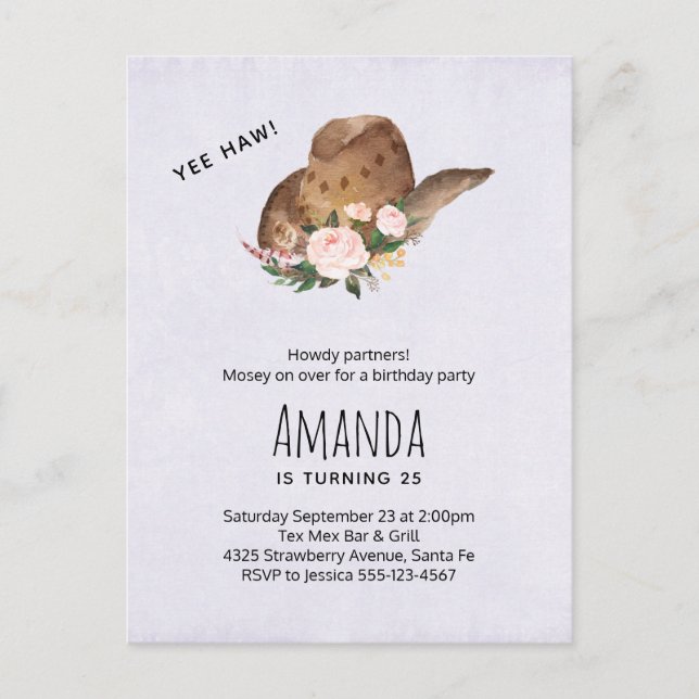 Brown Cowgirl Hat with Pink Flowers Birthday Invitation Postcard (Front)