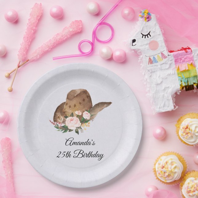 Brown Cowgirl Hat with Pink Flowers Birthday Paper Plate (Party)