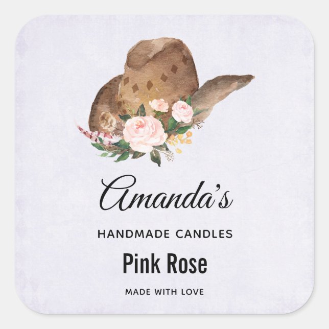 Brown Cowgirl Hat with Pink Flowers Candle Biz Square Sticker (Front)