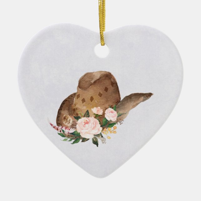 Brown Cowgirl Hat with Pink Flowers Ceramic Ornament (Front)