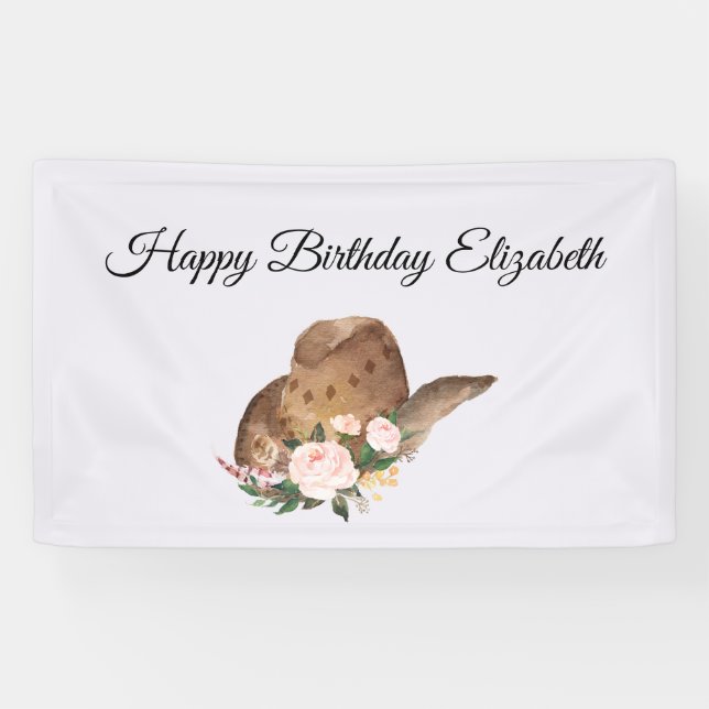 Brown Cowgirl Hat with Pink Flowers Happy Birthday Banner (Horizontal)