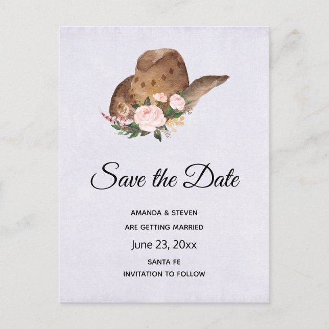 Brown Cowgirl Hat with Pink Flowers Save the Date Invitation Postcard (Front)