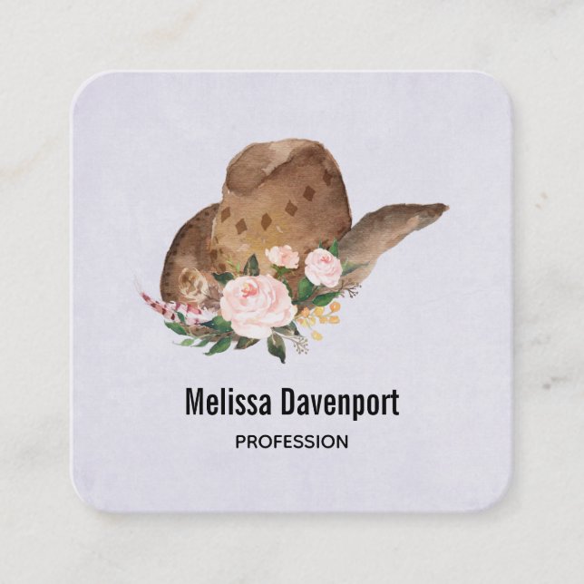 Brown Cowgirl Hat with Pink Flowers Square Business Card (Front)