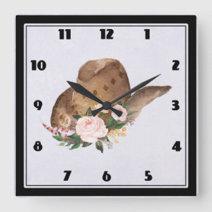 Brown Cowgirl Hat with Pink Flowers Square Wall Clock