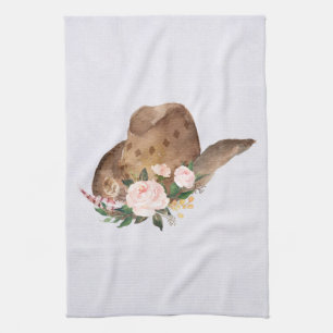 Brown Cowgirl Hat with Pink Flowers Tea Towel