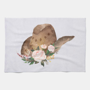 Brown Cowgirl Hat with Pink Flowers Tea Towel