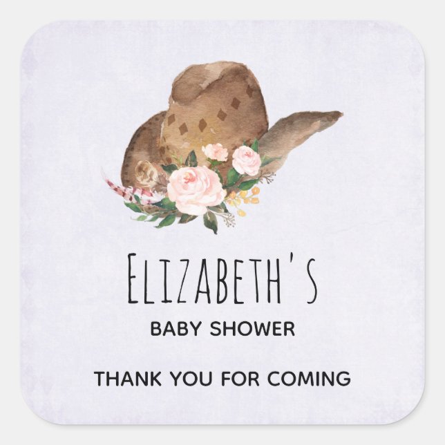 Brown Cowgirl Hat with Pink Flowers Thank You Square Sticker (Front)