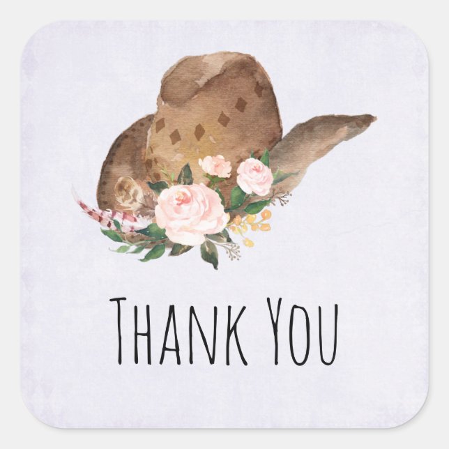 Brown Cowgirl Hat with Pink Flowers Thank You Square Sticker (Front)