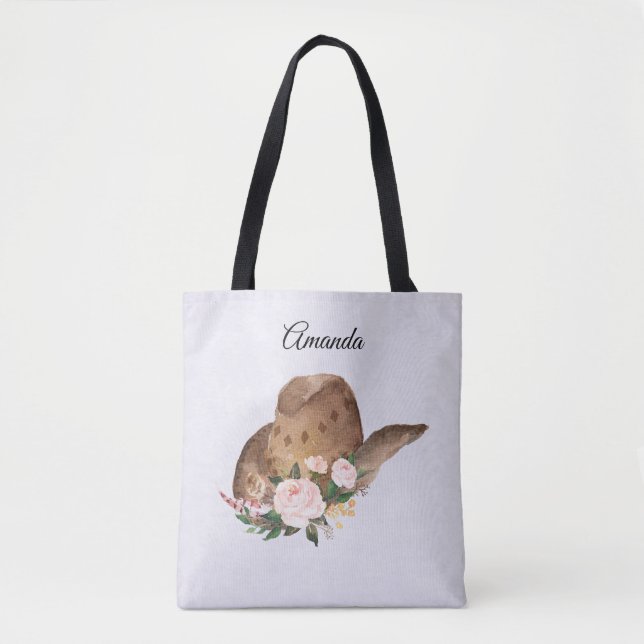 Brown Cowgirl Hat with Pink Flowers Tote Bag (Front)