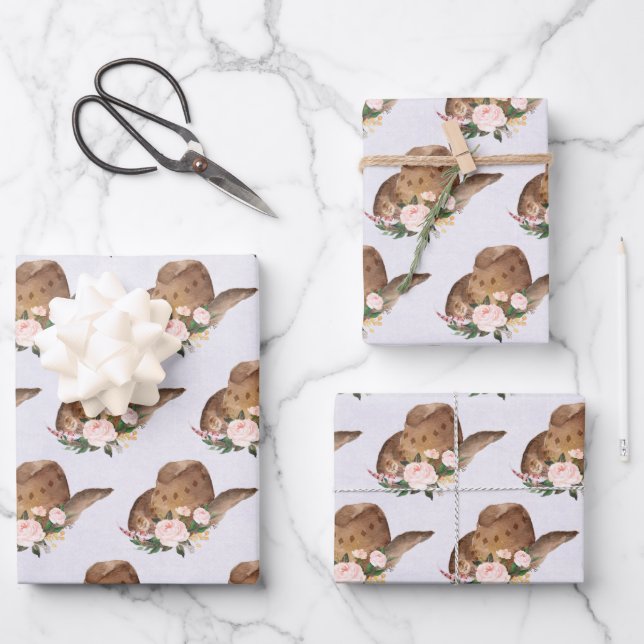 Brown Cowgirl Hat with Pink Flowers Wrapping Paper Sheet (Front)
