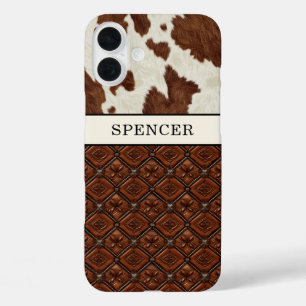 Brown Cowhide and Leather Monogrammed iPhone 16 Plus Case